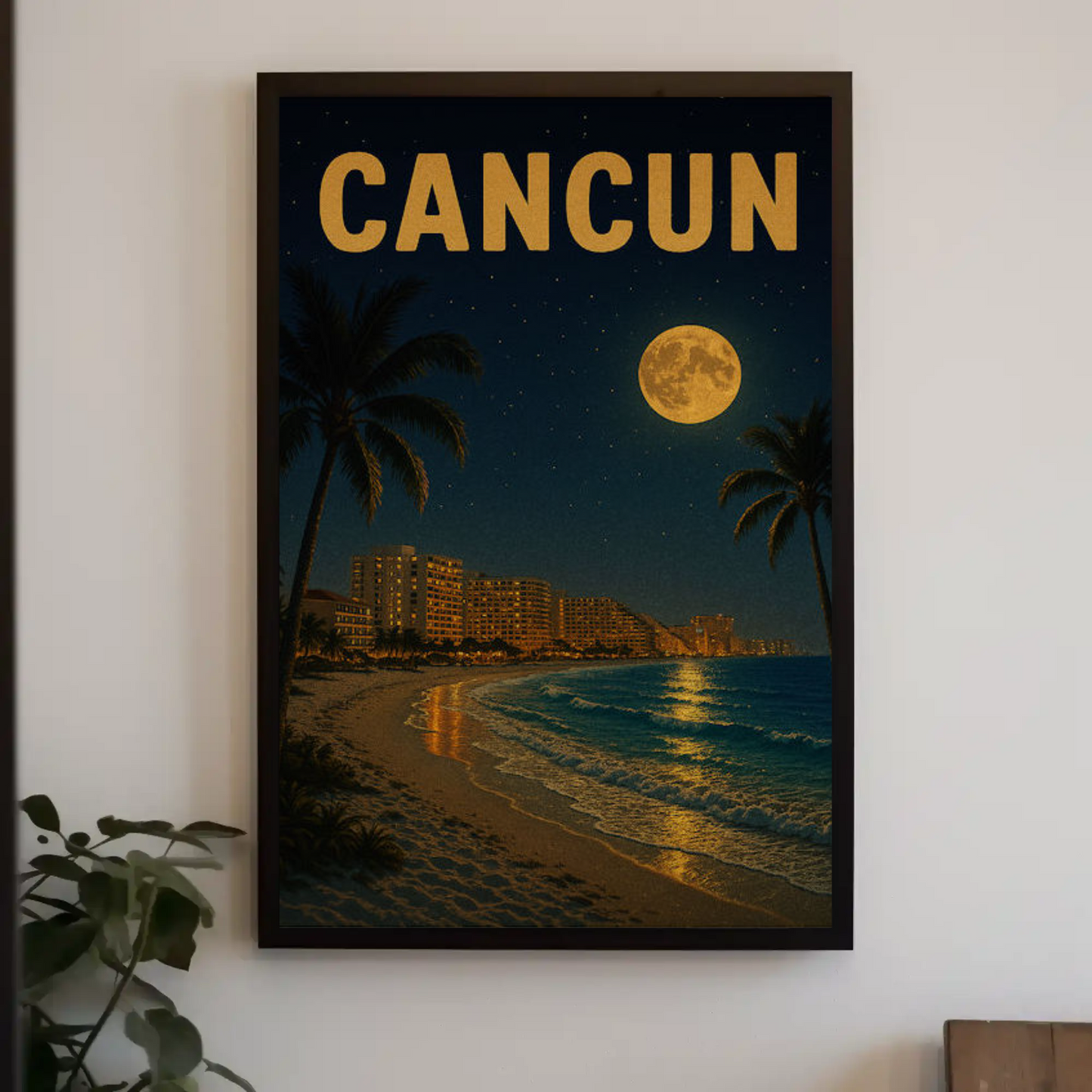 Cancun Beachfront Skyline Moonlight Travel Poster