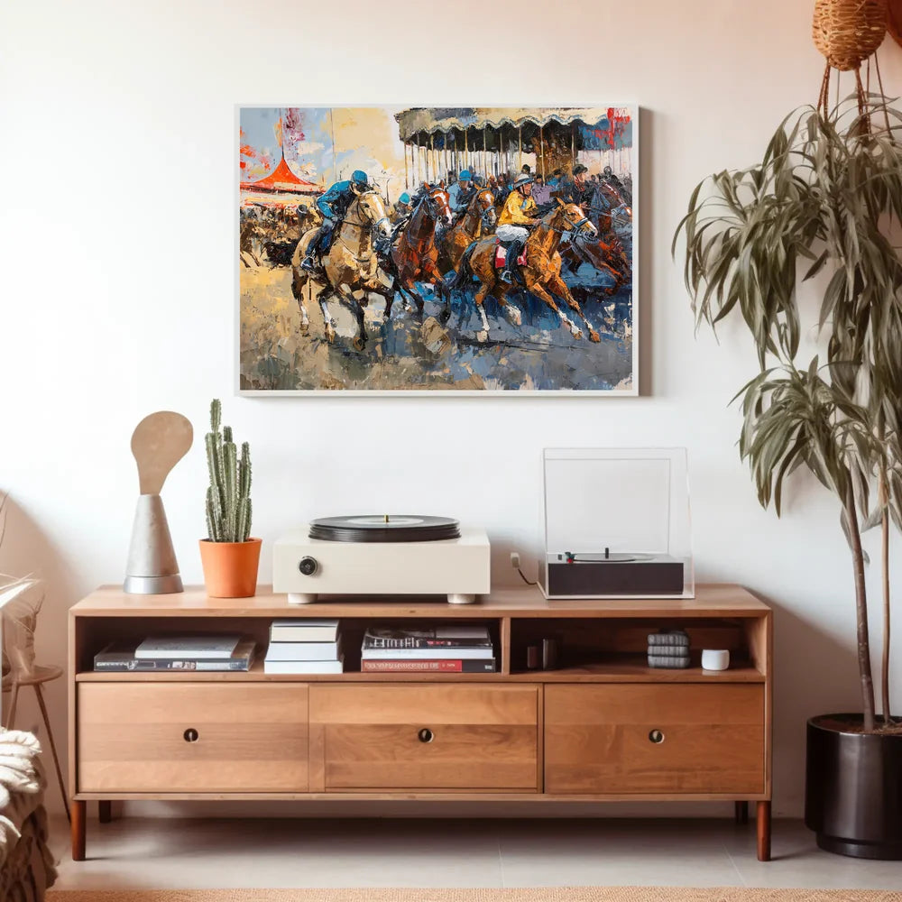 Dynamic Horse Racing Scene: Impressionistic Art Poster