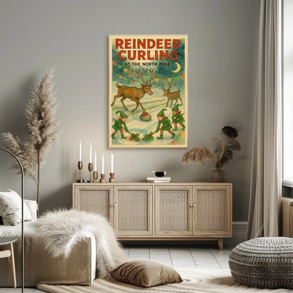 Reindeer Curling at the North Pole Poster