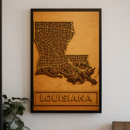Louisiana Road Map Wood Engraved State Art Poster