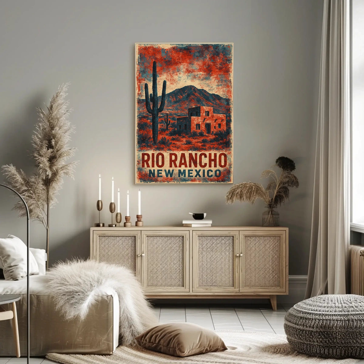 Desert Landscape New Mexico Vintage Travel Aesthetic Rustic Sunlit Dunes Nostalgia Retro 80s Folk Art Poster