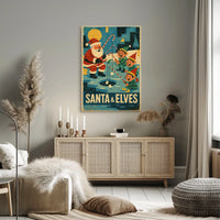 Santa's Whimsical Ice Fishing Vintage Christmas Poster