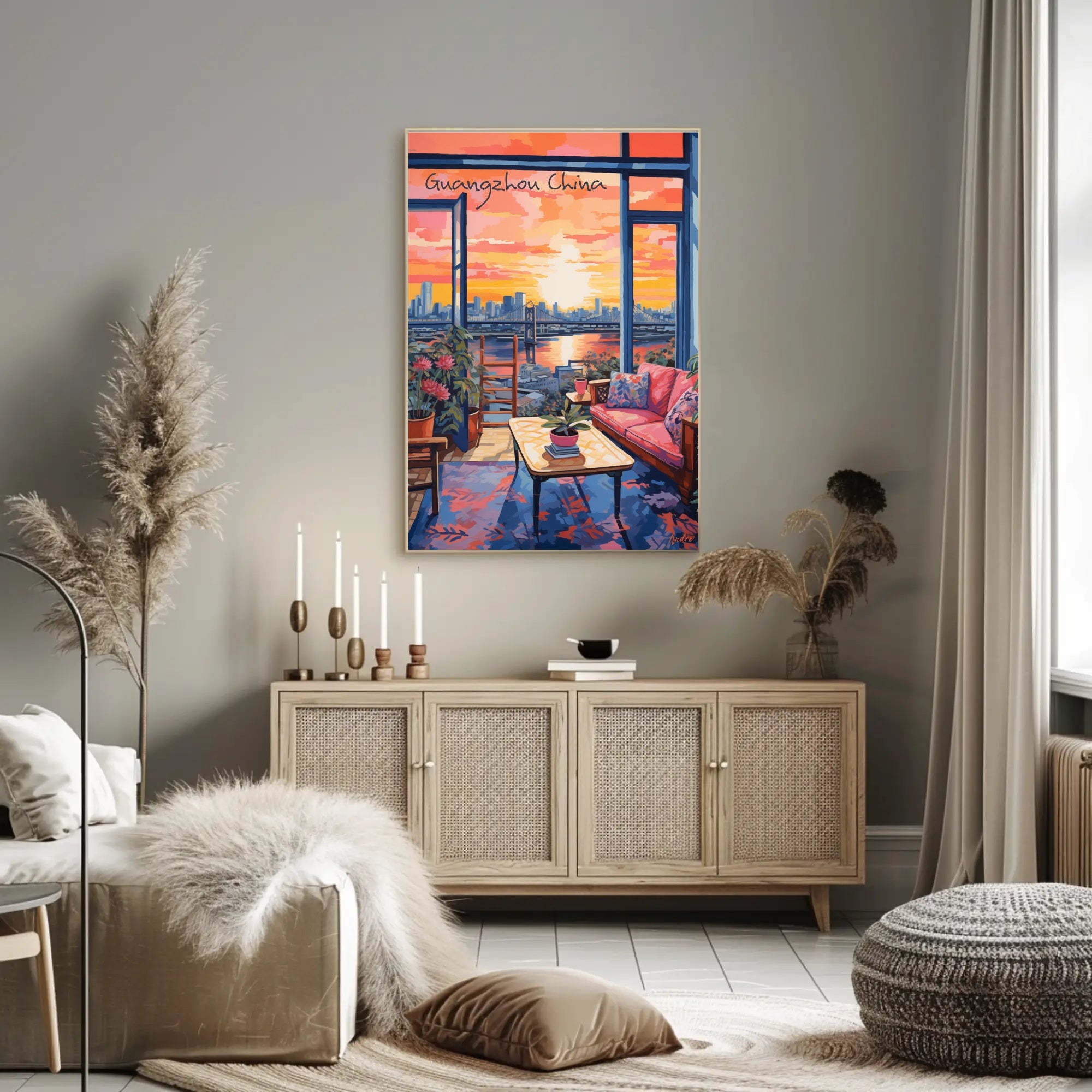 Guangzhou Sunset Cityscape with Cozy Interior Poster