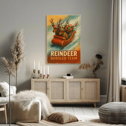 Whimsical Reindeer Bobsled Team Festive Sports Poster