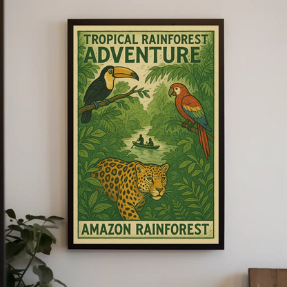 Amazon Rainforest Jaguar Parrots River Poster Poster