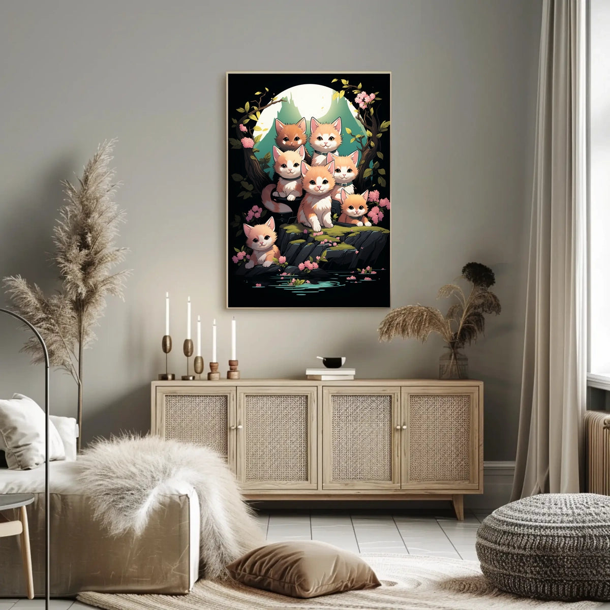 Whimsical Kittens Moonlit Fantasy Nature Art Poster