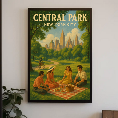 Central Park New York City Picnic Scene Vintage Poster