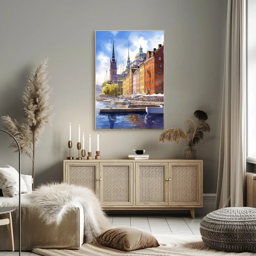European Waterfront Scene: Vibrant Historical Cityscape Poster