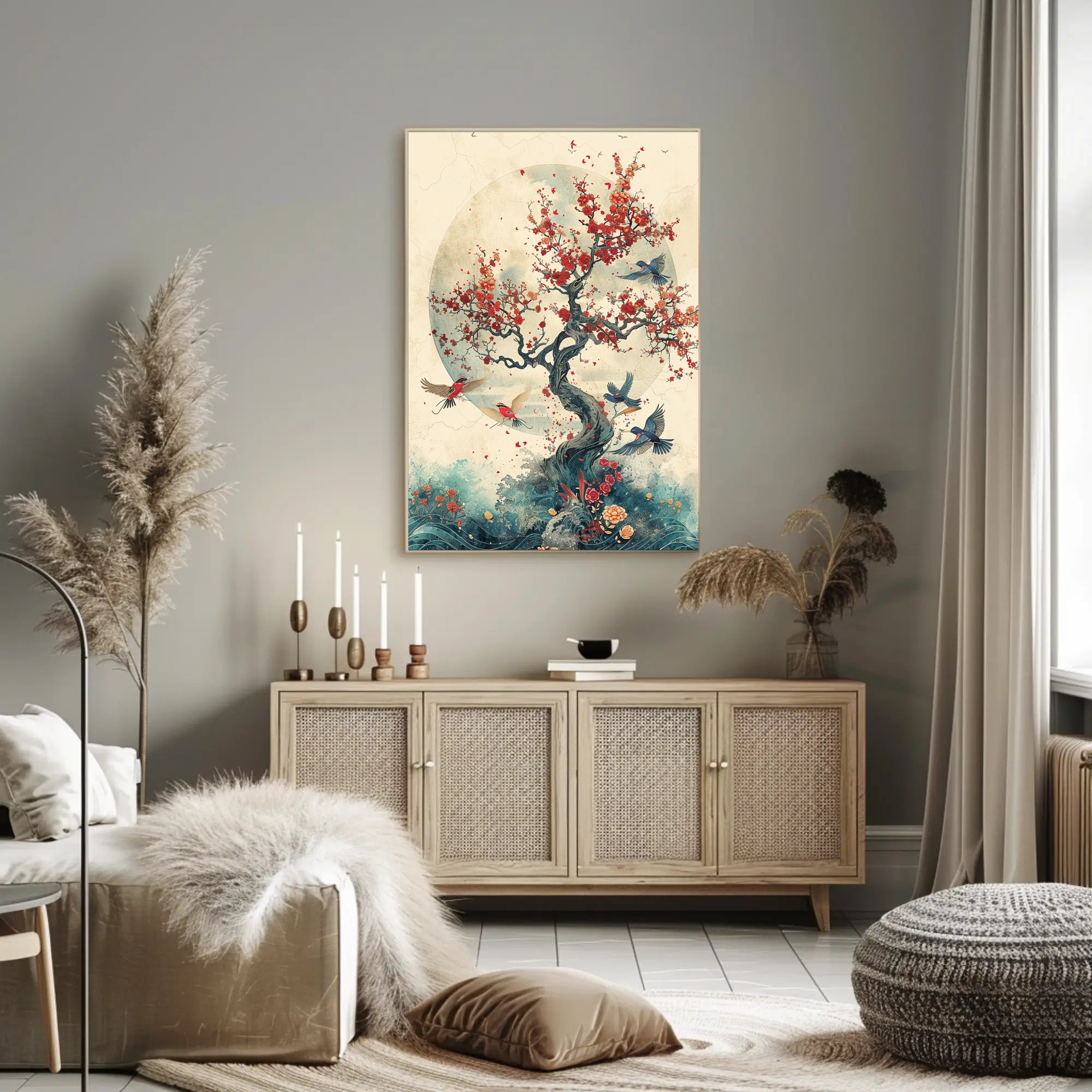 Cherry Blossom Harmony: Birds in Tranquil Flight PosterGoat