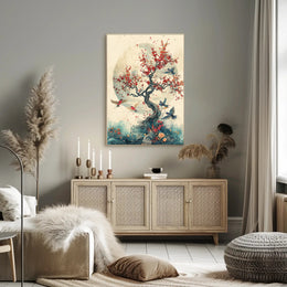 Cherry Blossom Harmony: Birds in Tranquil Flight PosterGoat