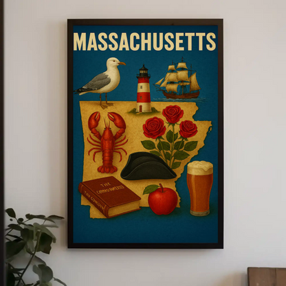 Massachusetts Symbols Map Lobster Ship Hat Poster
