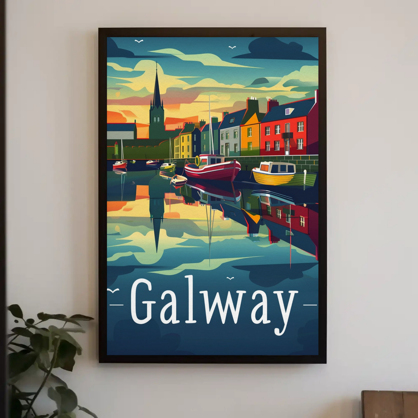 Evening Harbor Scene Galway Ireland Travel Poster
