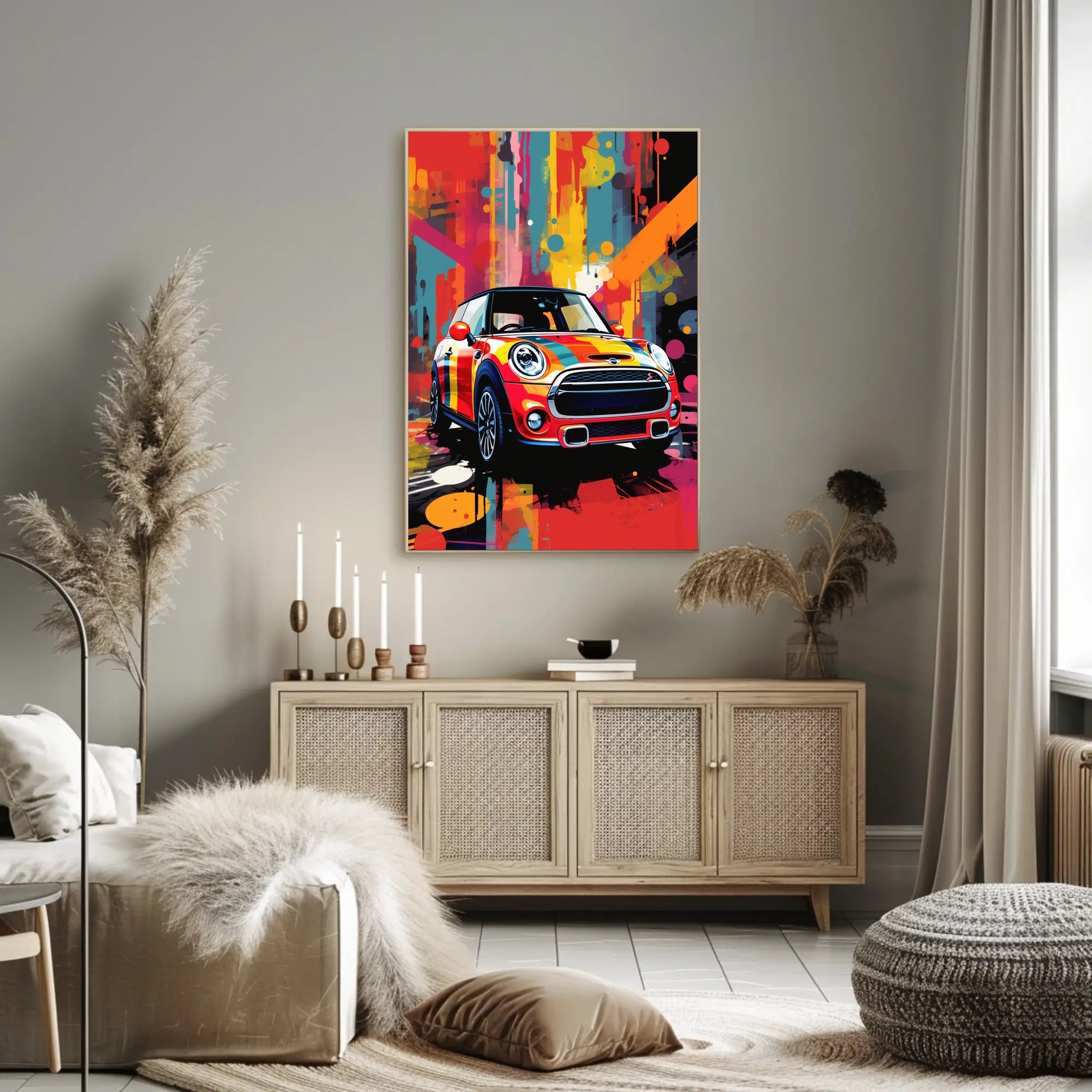 Vibrant Abstract Art Poster with Mini Cooper Illustration