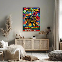 Eiffel Tower Superhero Comic Art Cultural Poster