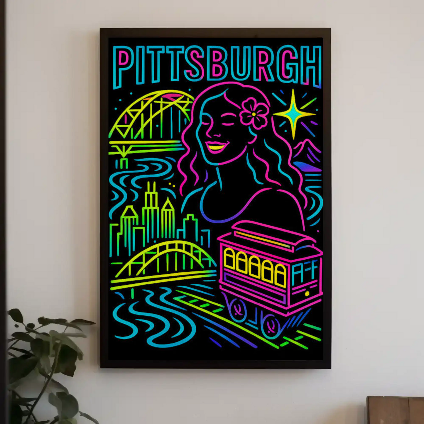Pittsburgh Neon Bridge Trolley Skyline Travel Poster