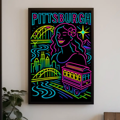 Pittsburgh Neon Bridge Trolley Skyline Travel Poster
