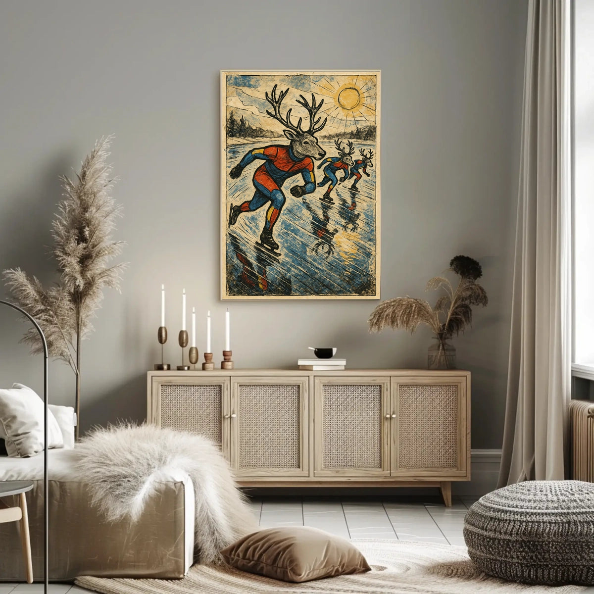 Whimsical Deer Ice Skating Vintage Art Poster