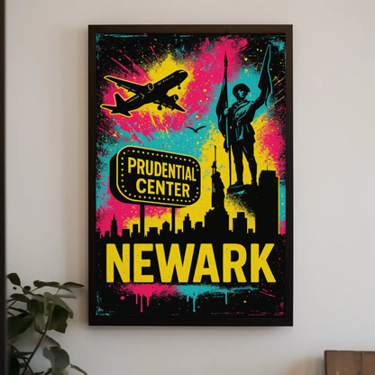 Newark New Jersey Neon Prudential Center Skyline Travel Poster