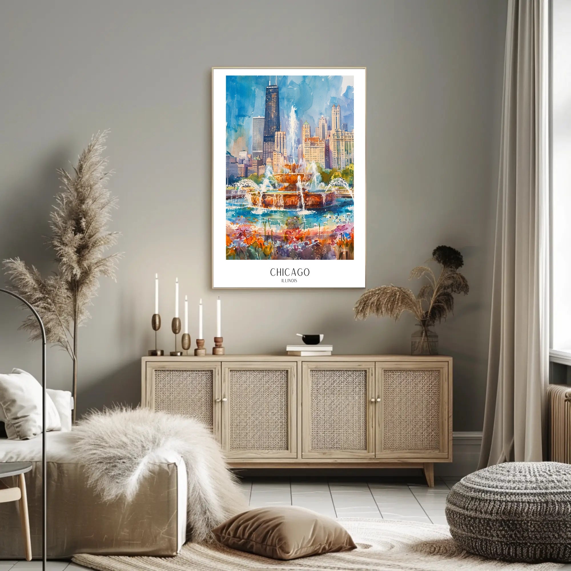 Vibrant Chicago Skyline Watercolor Urban or Cityscape Poster PosterGoat