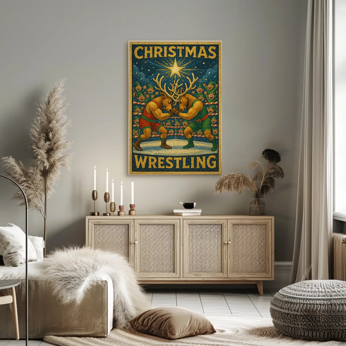 Christmas Wrestling Reindeer: A Whimsical Sports Poster