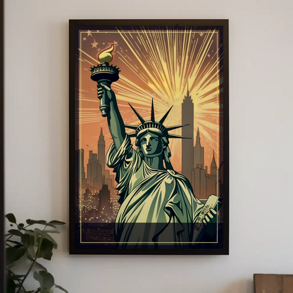 Statue Of Liberty Fireworks Skyline Travel Poster