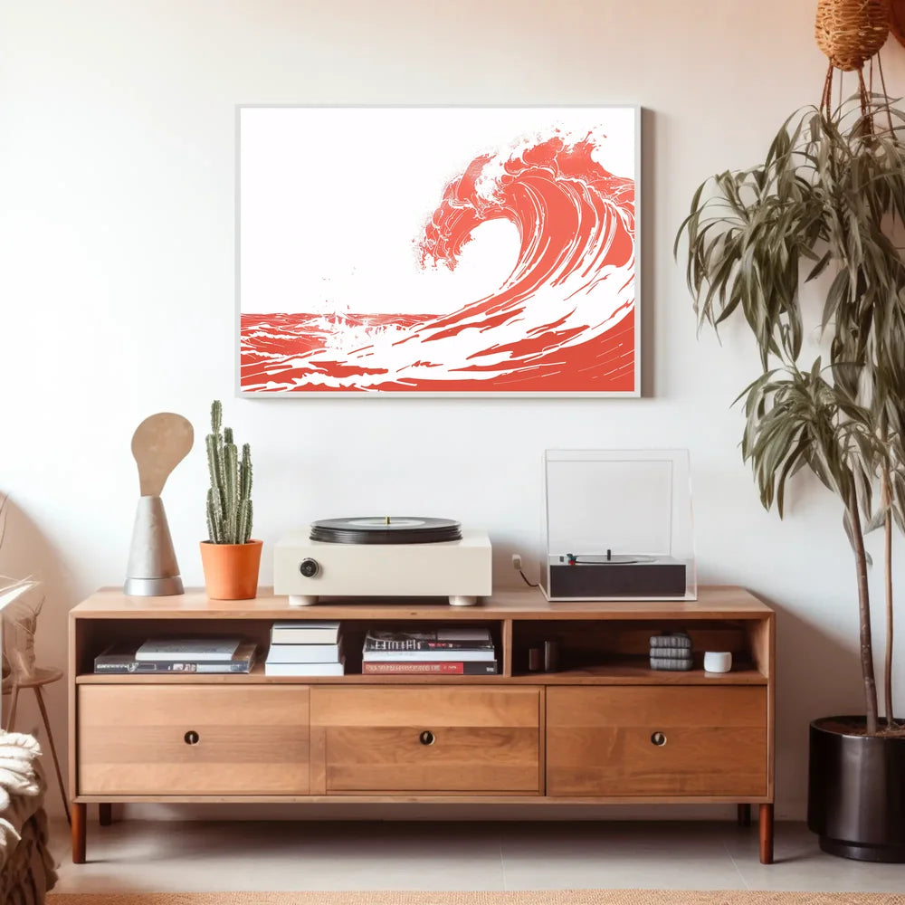 Bold Minimalist Wave Art Poster in Coral Red