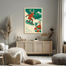 Whimsical Reindeer Snowboarding Vintage Holiday Poster
