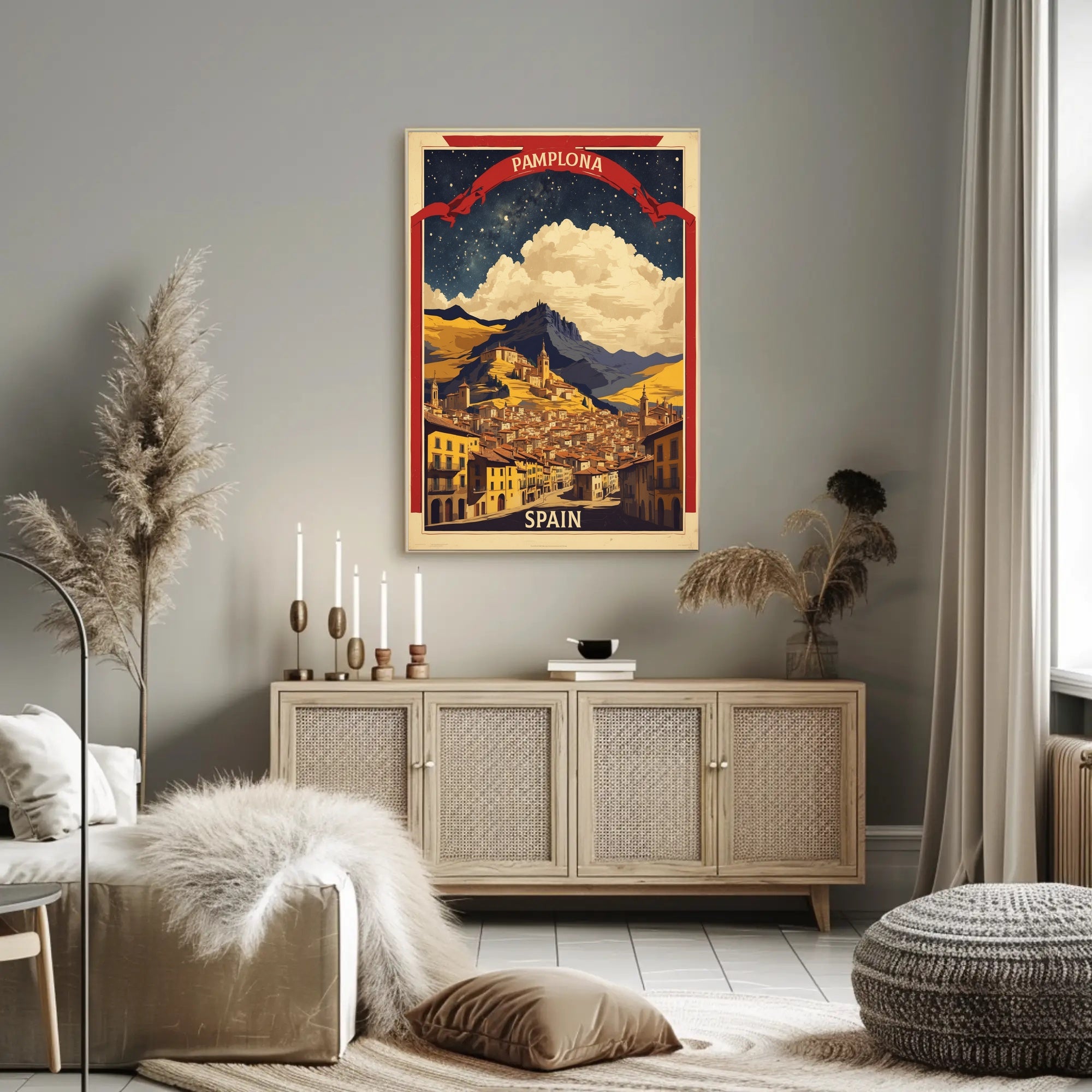 Pamplona Vintage Cityscape Night Sky Travel Poster