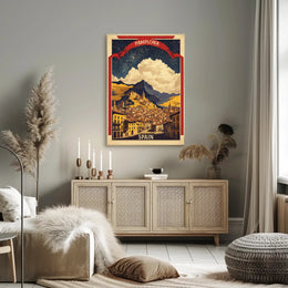 Pamplona Vintage Cityscape Night Sky Travel Poster
