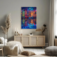 Colorful Dutch Canal Houses Under Starry Night Sky