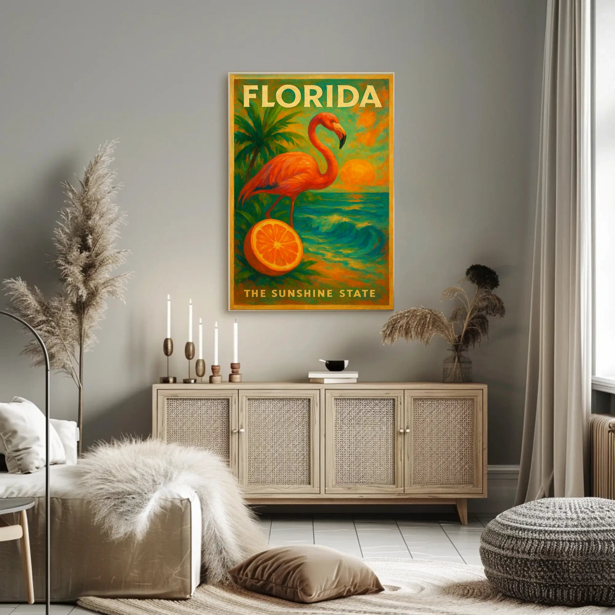 Florida Sunset Flamingo Poster For Beach Decor Vibe