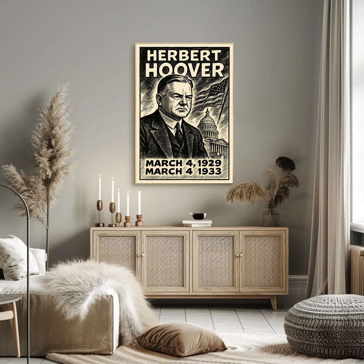 Herbert Hoover 31st President of the United States B & W Comic Sketch Poster