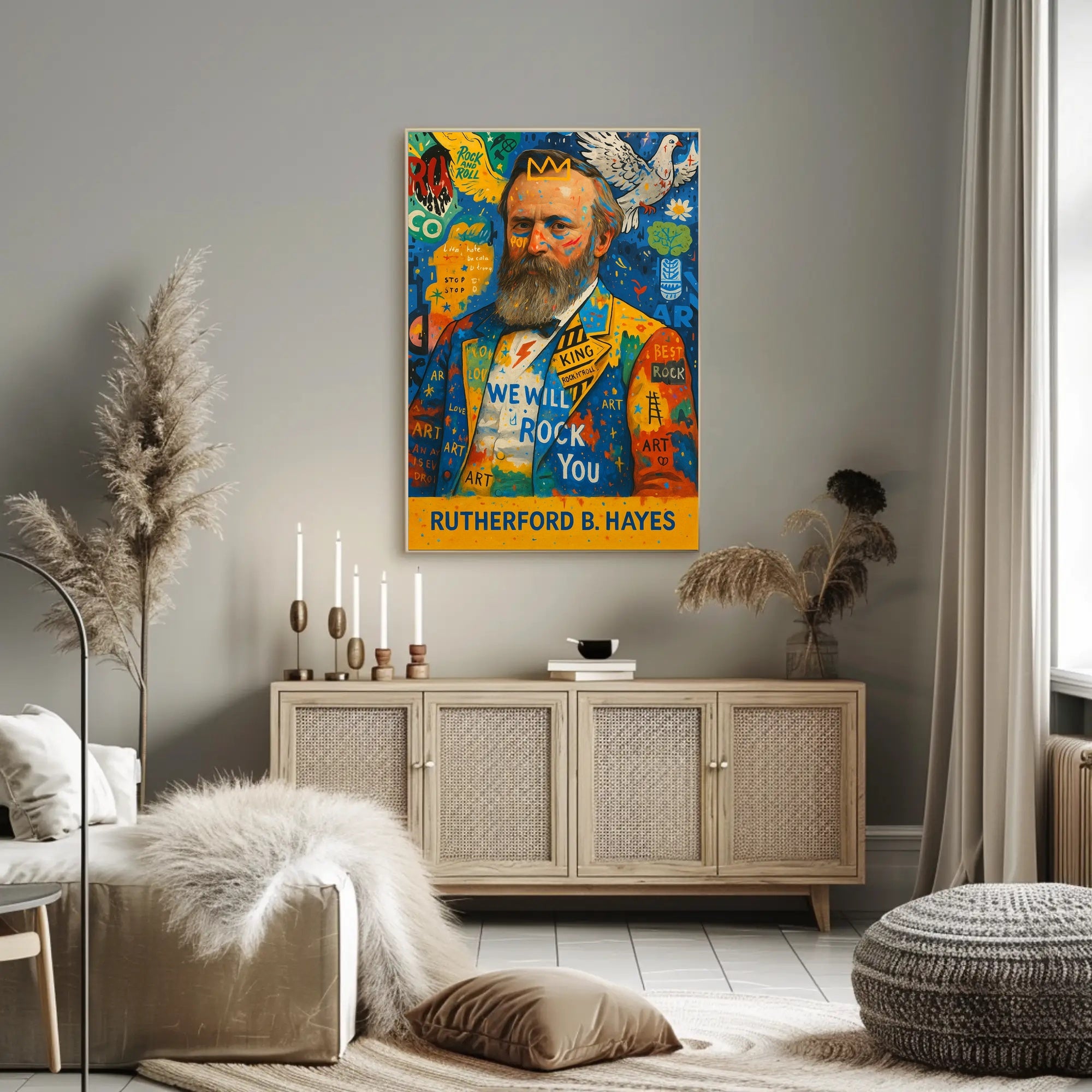 Colorful Bearded Man Portrait with Musical Elements Poster