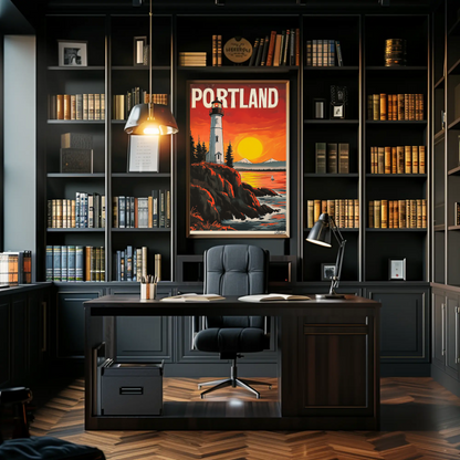 Portland Vintage Poster - Lighthouse at Sunset