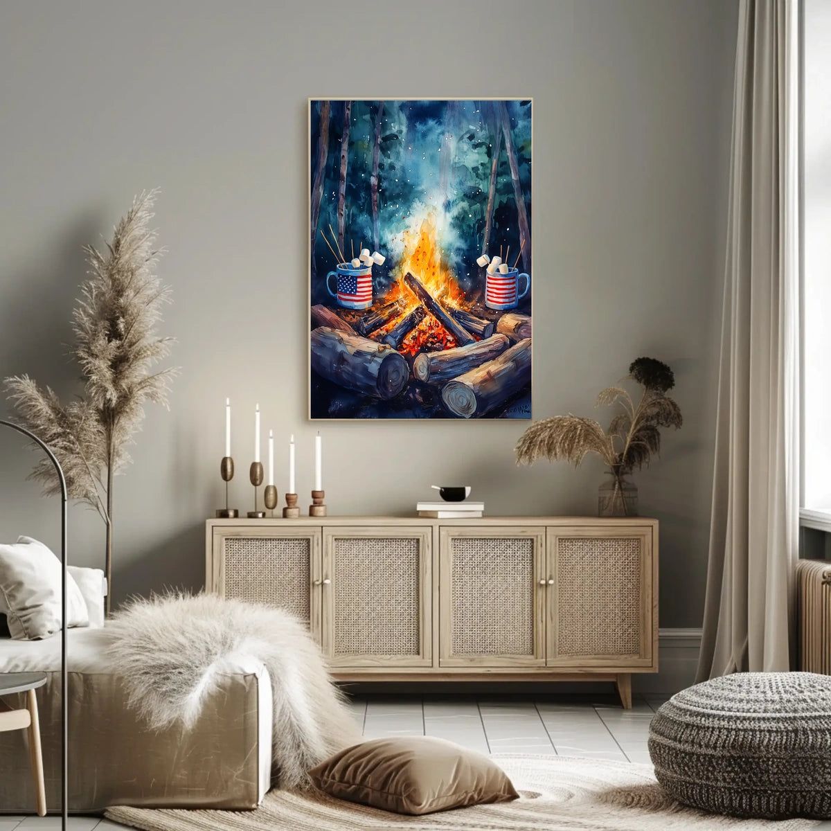 Cozy Campfire Night With American Flag Mugs Outdoor Poster