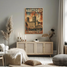 Hartford Connecticut Vintage Architectural Travel Art Deco Retro Eighties Historic Capitol Skyline Civic Pride Poster