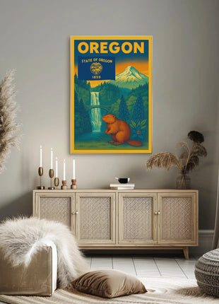 Vintage Oregon Travel Poster Featuring Iconic Natural Landmarks