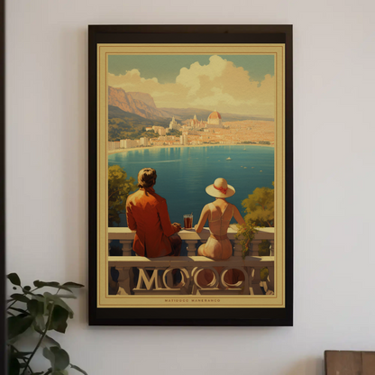 Romantic Coastal City Balcony Couple View Sunset Travel Poster