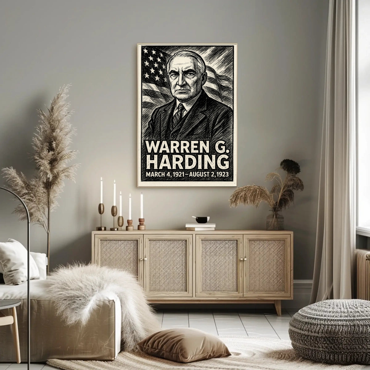 Warren G. Harding 29th President of the United States B & W Comic Sketch Poster
