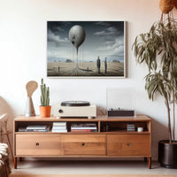 Surreal Metallic Sphere Floats in Desolate Sci-Fi Landscape Poster