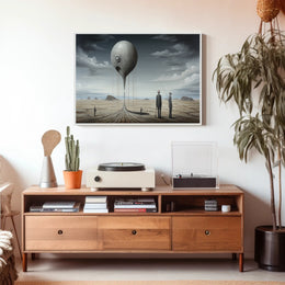 Surreal Metallic Sphere Floats in Desolate Sci-Fi Landscape Poster