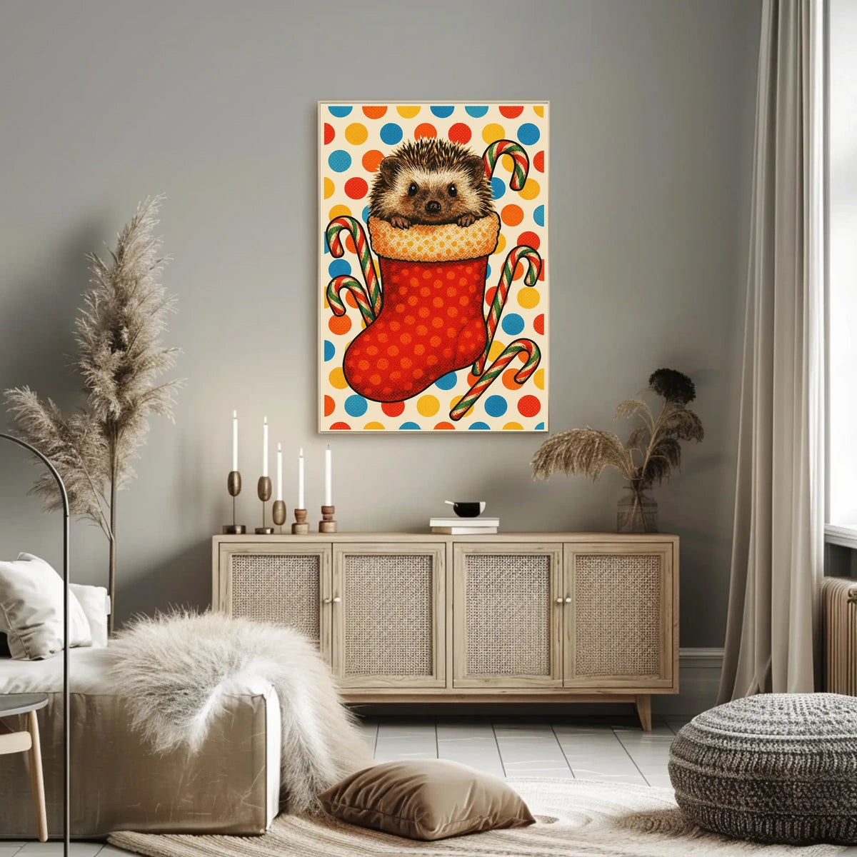 Festive Hedgehog In A Stocking Woodland Animals Holiday Wall Art For Christmas Decor Poster