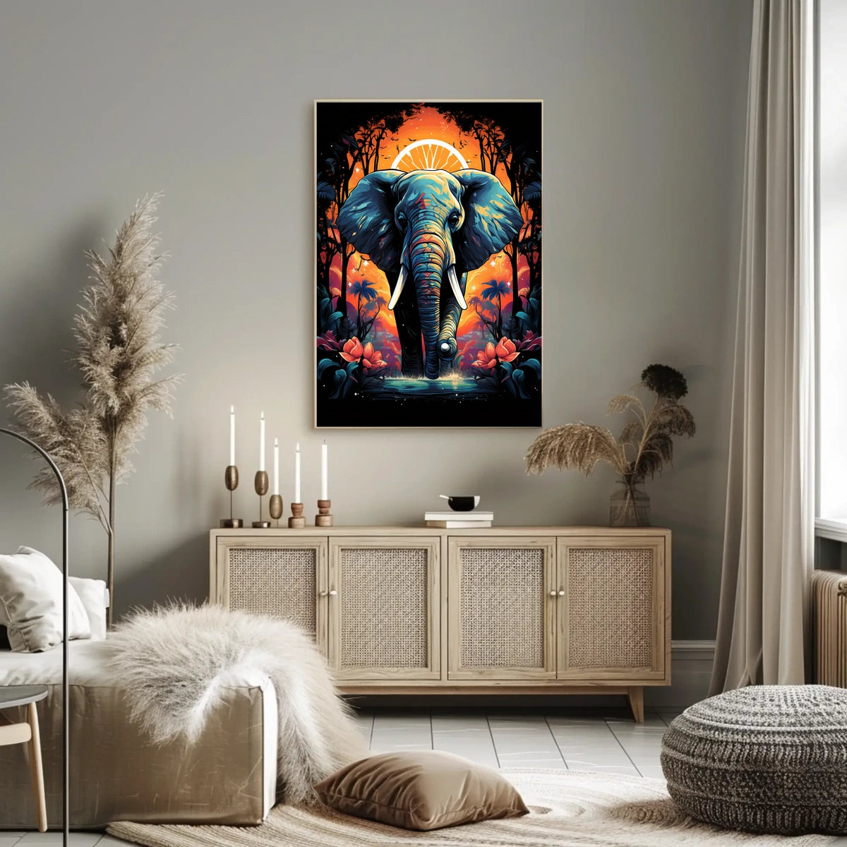 Majestic Elephant Jungle Sunset Art Poster