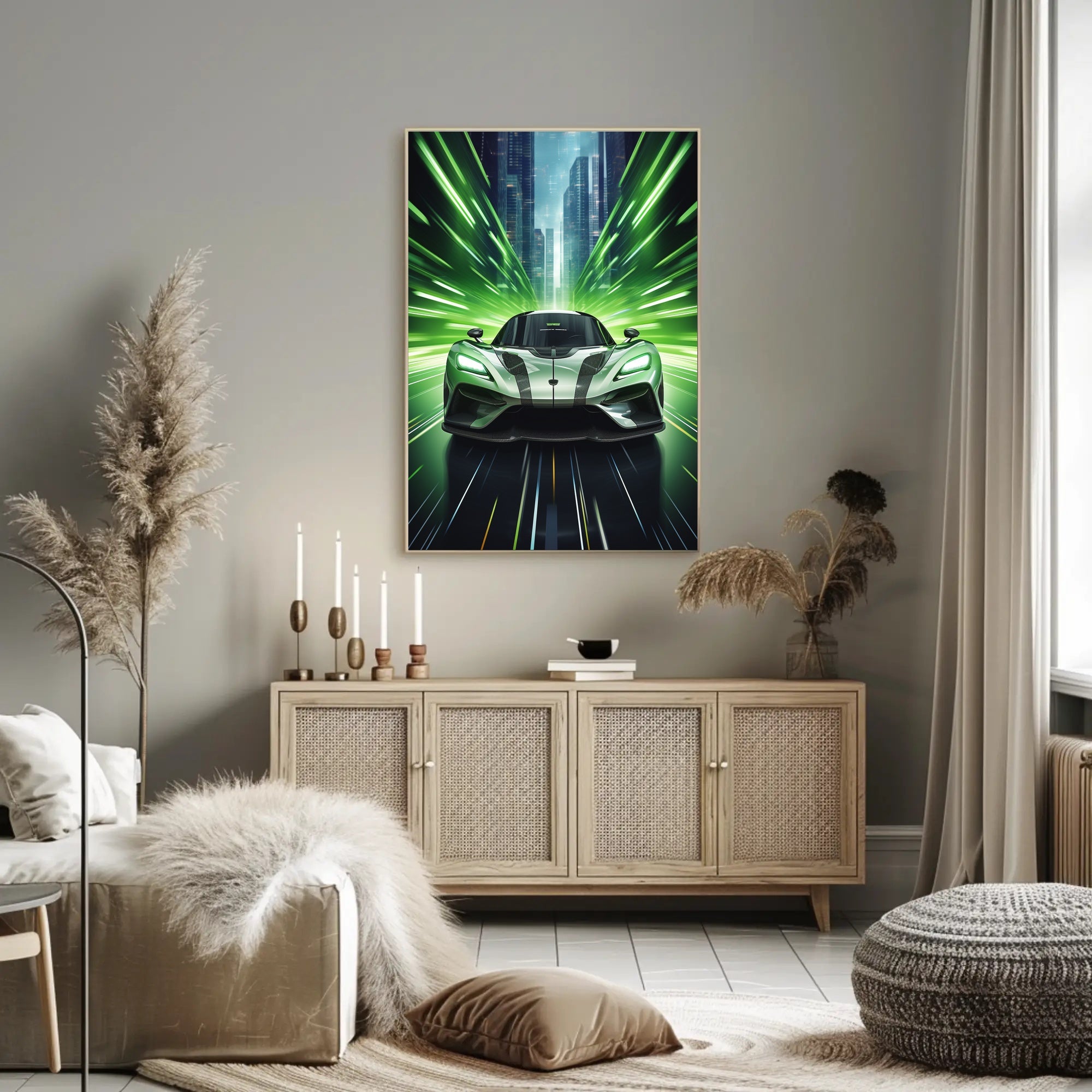Futuristic Sports Car in Urban Cityscape Futuristic Sci-Fi Poster