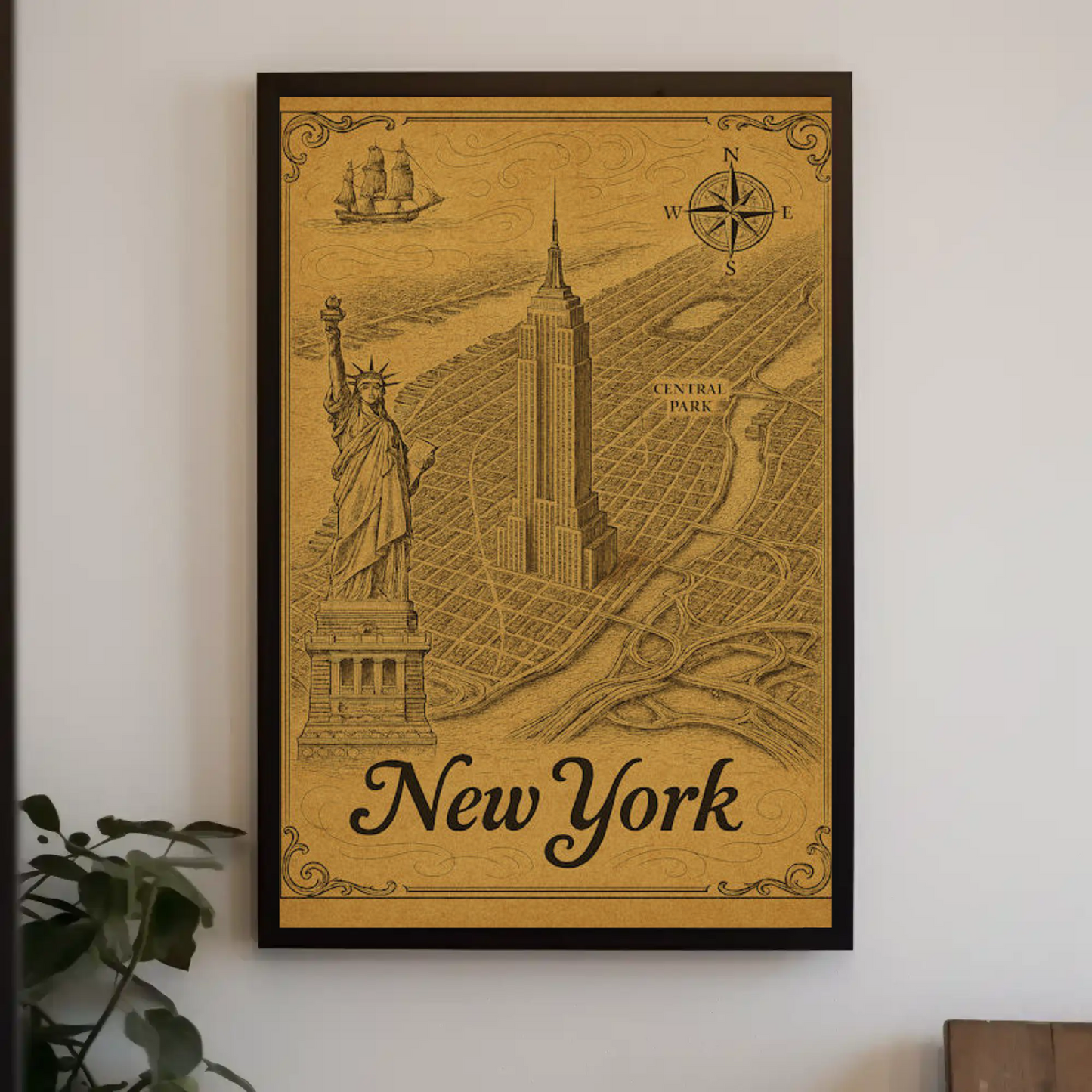 New York Old Map Empire State Statue Central Park Travel Poster