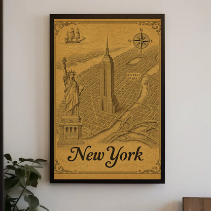 New York Old Map Empire State Statue Central Park Travel Poster