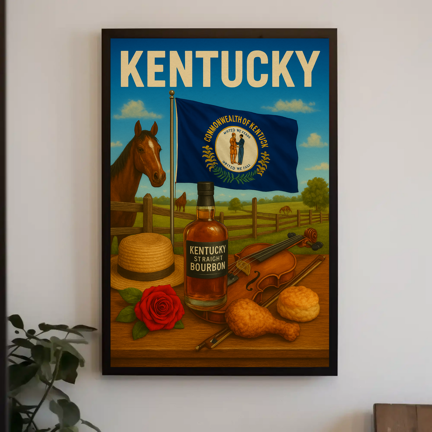 Kentucky Bourbon Violin Horse Farm Hat Food Travel Poster