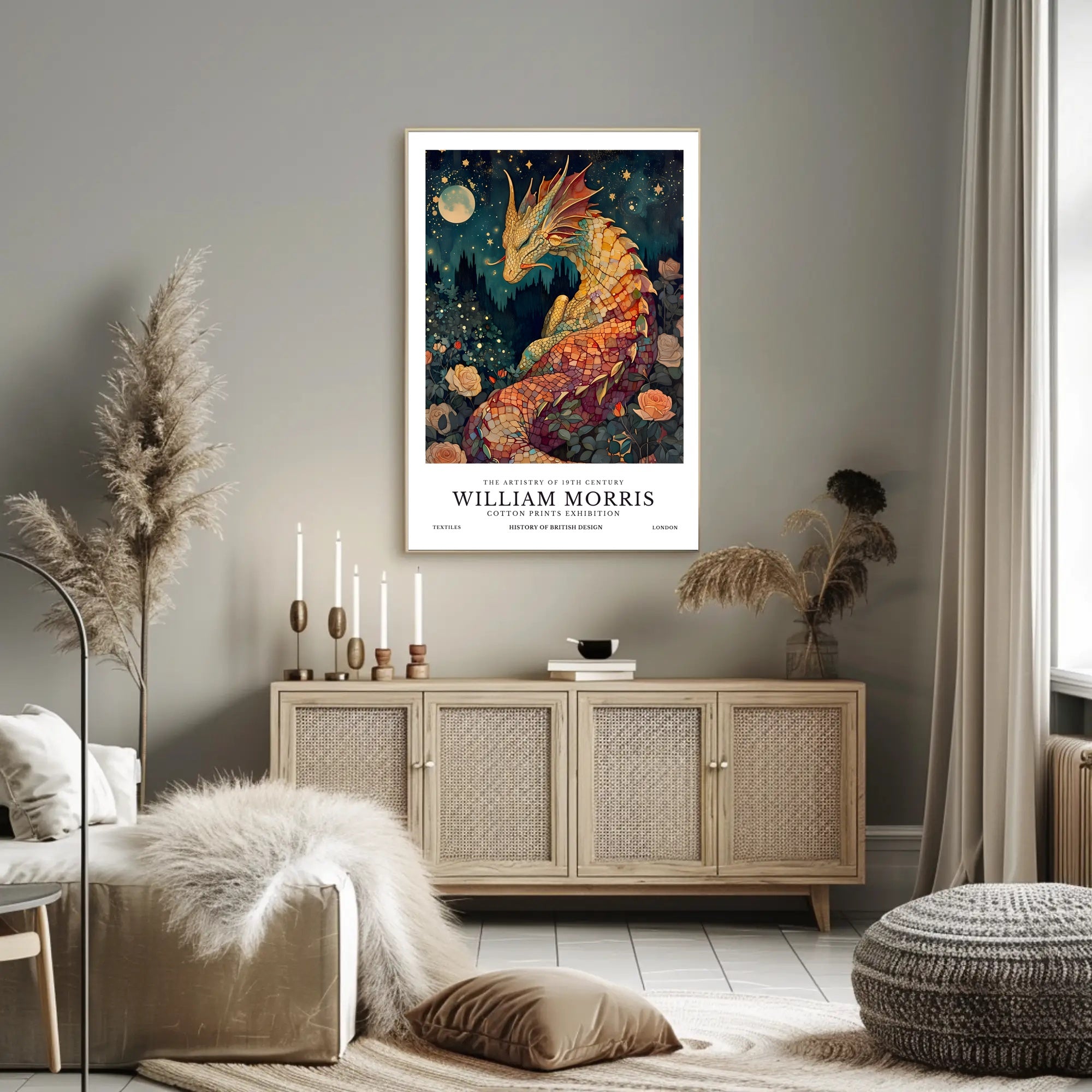 Artistic Dragon and Roses: 19th Century Heritage Poster