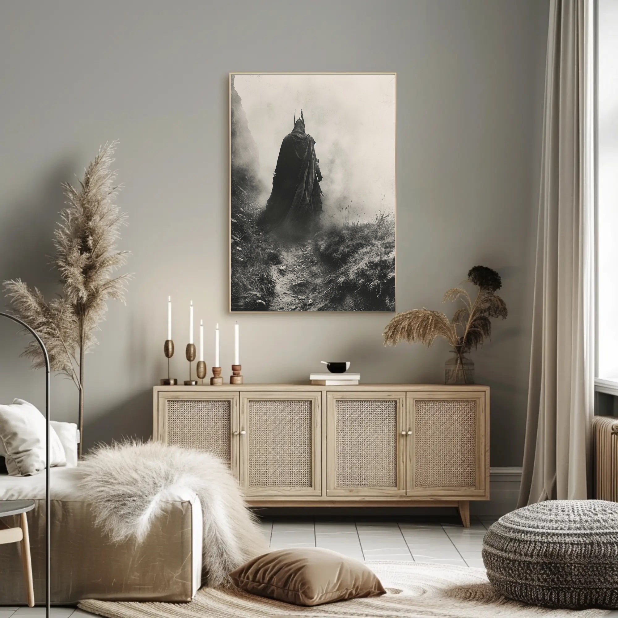 Mysterious Cloaked Figure in Foggy Terrain Fantasy Poster PosterGoat