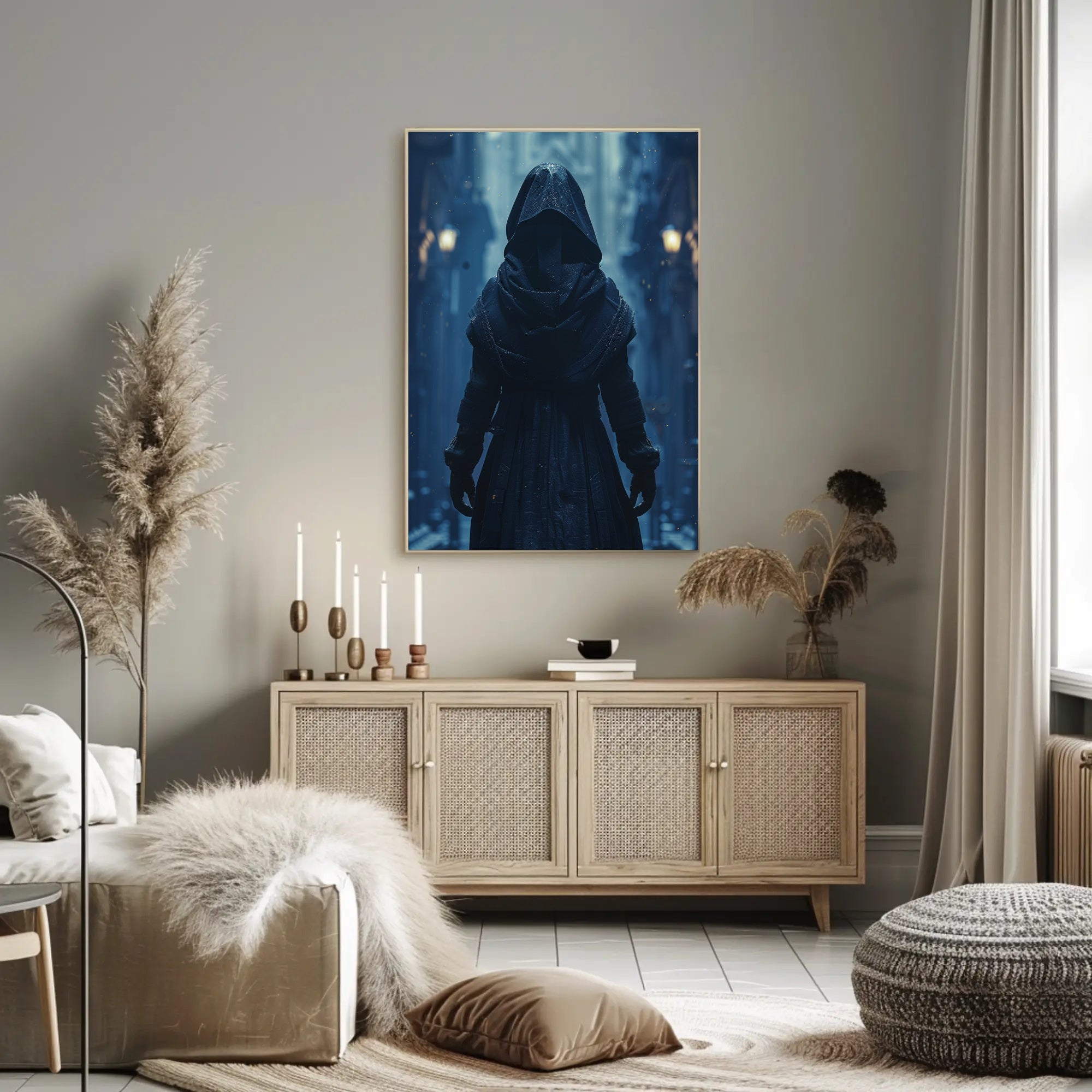 Mysterious Hooded Figure in Fantasy Alleyway Poster PosterGoat